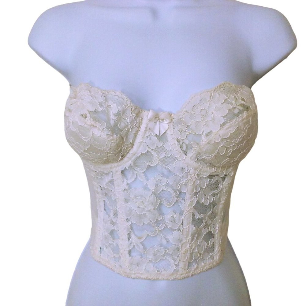 Vintage 90s Victoria's Secret Corset Top Bustier Bra -34B Sheer Lace Boned Cream